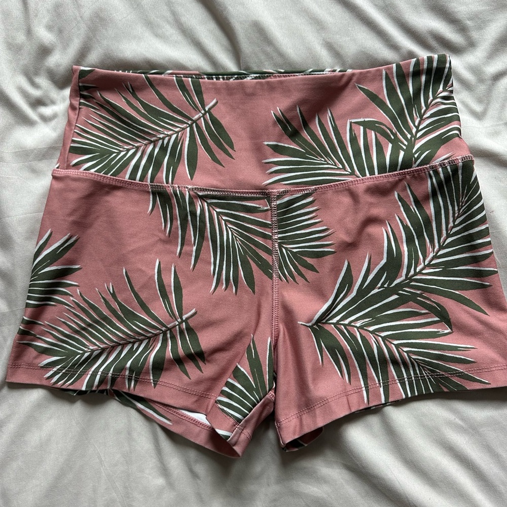 Forever 21 Pink and Green Leaf Print Athletic Shorts